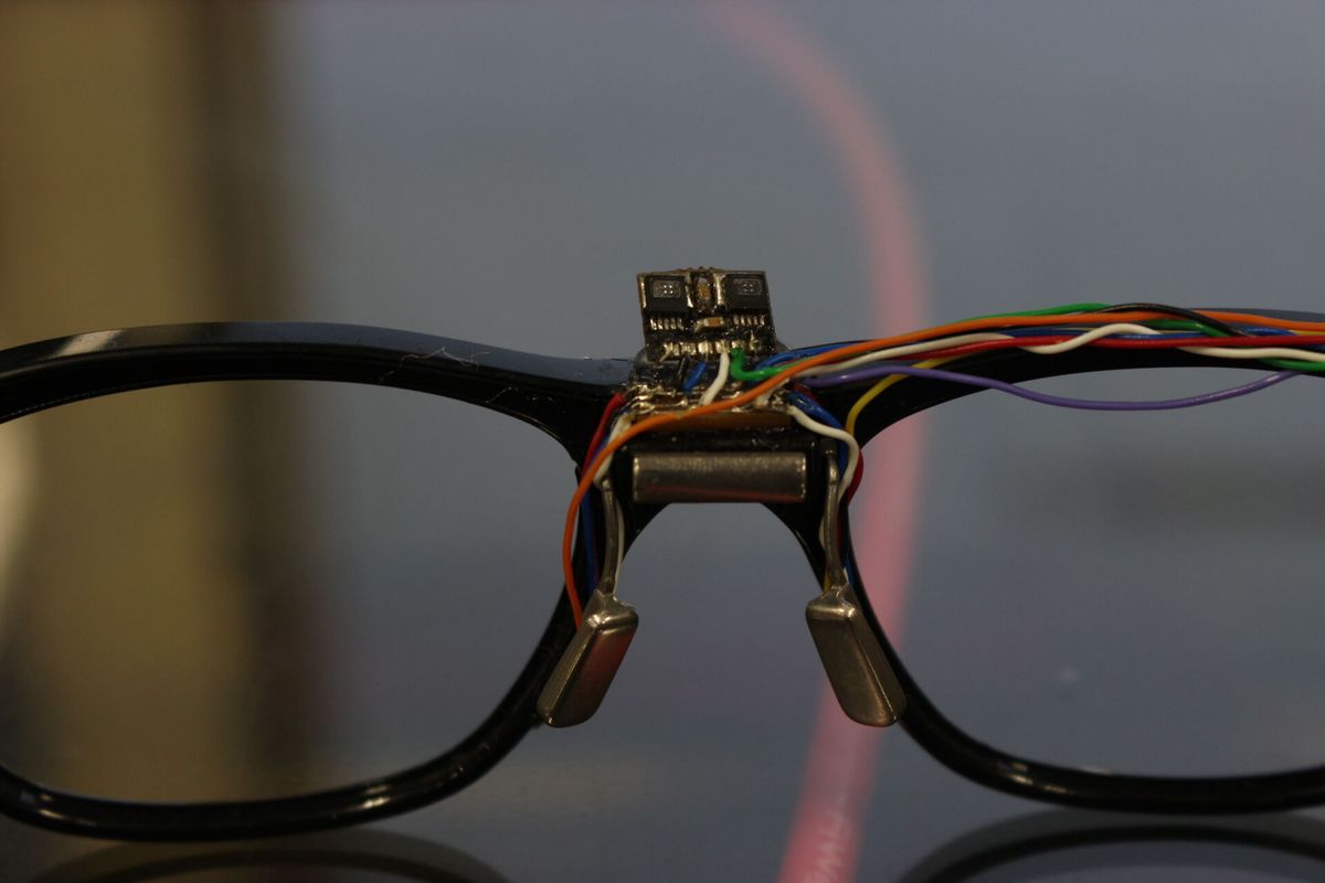 Eyeglasses prototype with a sensor board, backlit