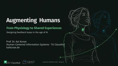Title slide of the keynote: Augmenting Humans. From Physiology to Shared Experiences. Designing feedback loops in the age of AI, by Prof. Dr. Kai Kunze, with a line drawing of a person wearing a small sensor at the throat, next to a dotted copy of the same figure